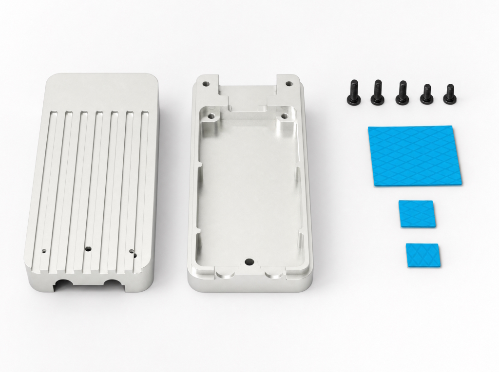 Aluminium SDR enclosure kit with three thermal pads and five screws.